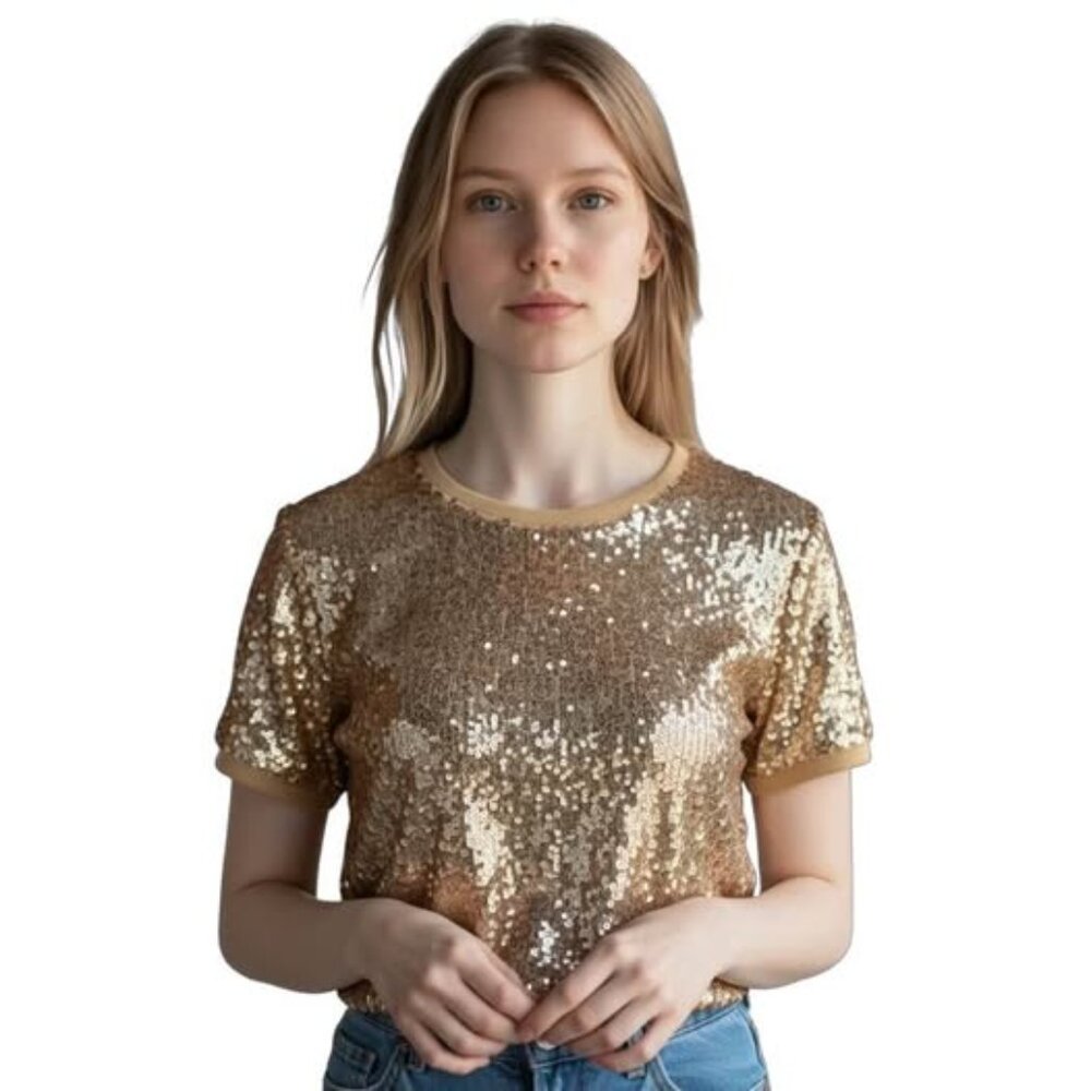 Talbots 100% Silk Gold Sequined Shirt. Size 14. Lined. Dressy. Sparkling. Shiny.